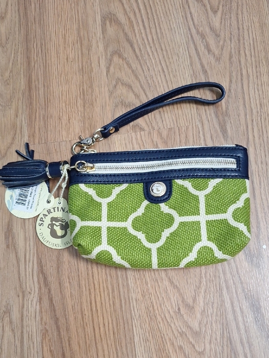 Spartina 449 Handbags - Spartina 449 Leather Linen Lime Green and Navy Patterned Wristlet